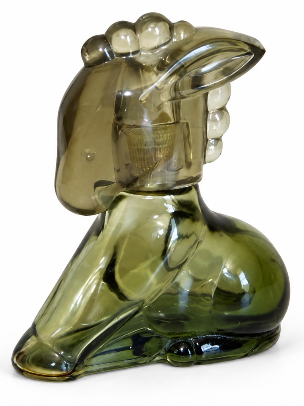 AVON Little Burro Charisma Decanter Green Glass & Plastic Top 1970’s